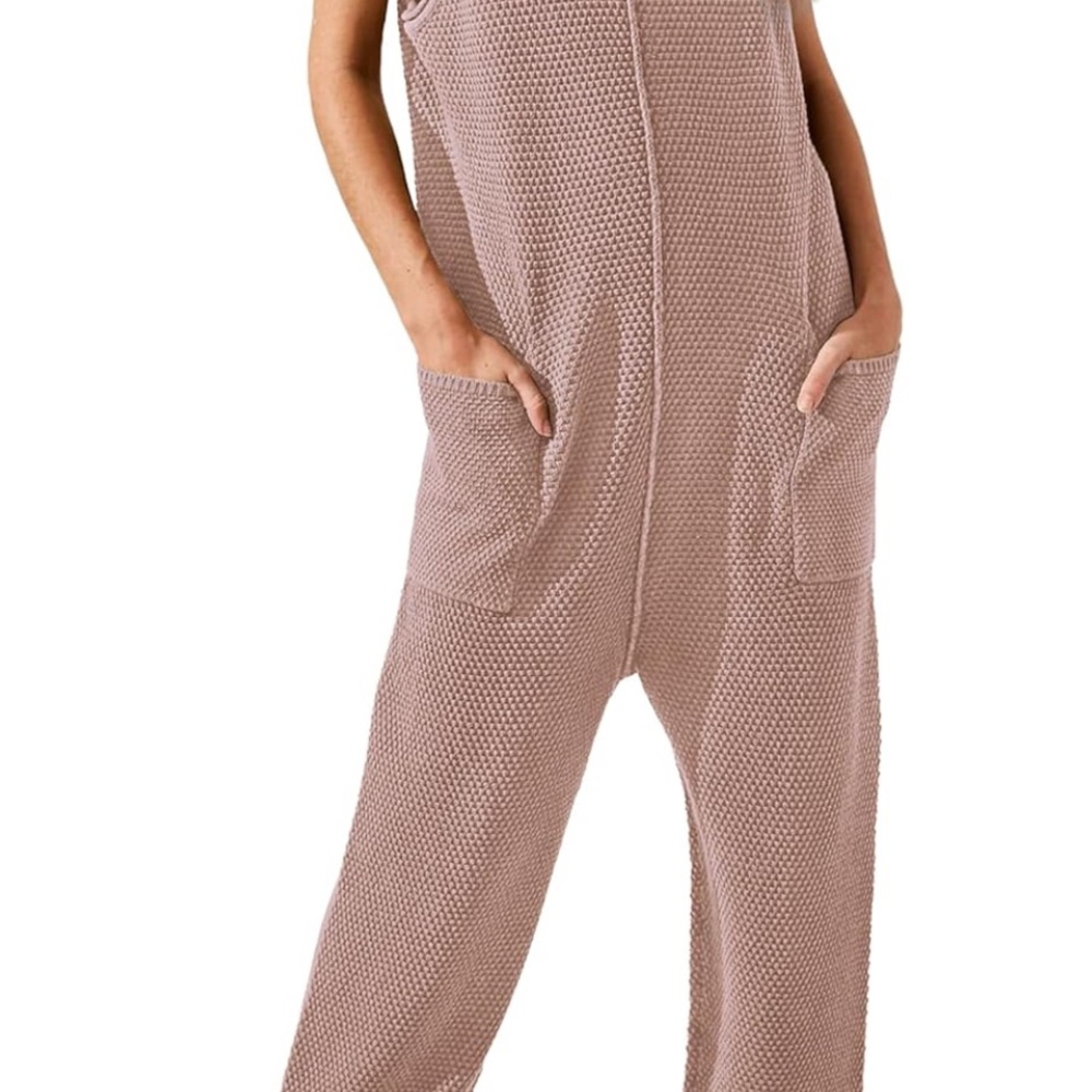 Tan and Pink Relaxed Fit Jumpsuit with High Neckline